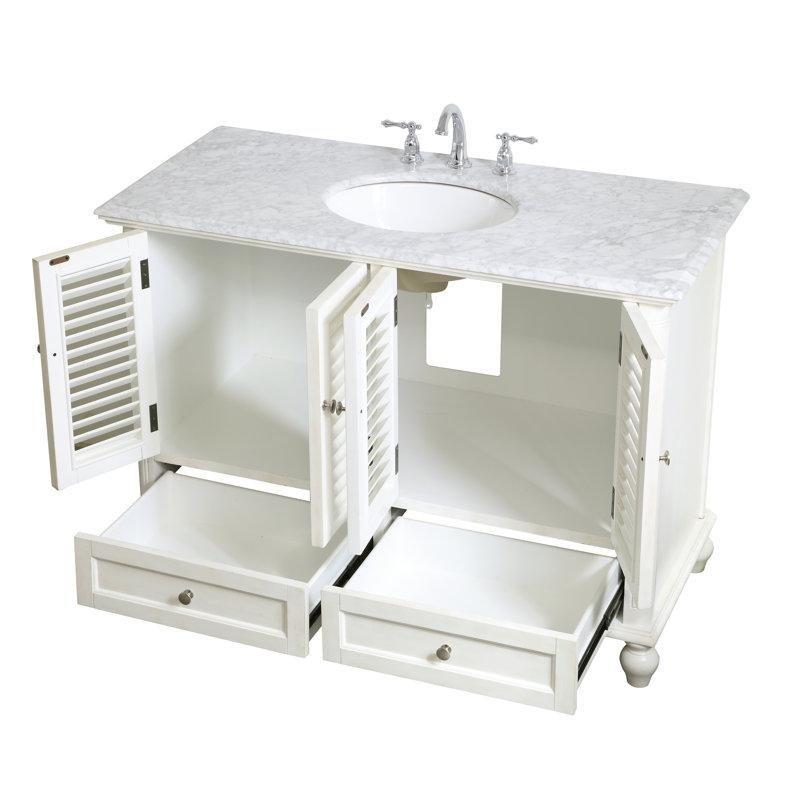 Carrara Beyazı Mermer Tezgahlı Panjur Kapaklı Çekmeceli Banyo Lavabo Dolabı - 122 cm - 200746
