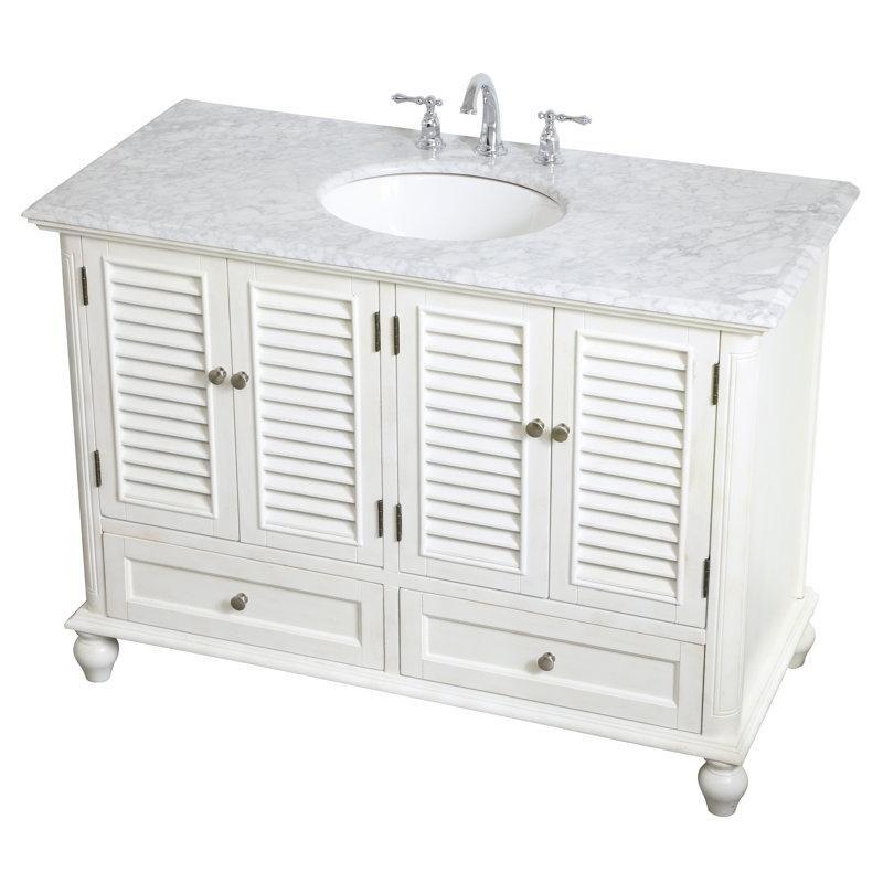 Carrara Beyazı Mermer Tezgahlı Panjur Kapaklı Çekmeceli Banyo Lavabo Dolabı - 122 cm - 200746