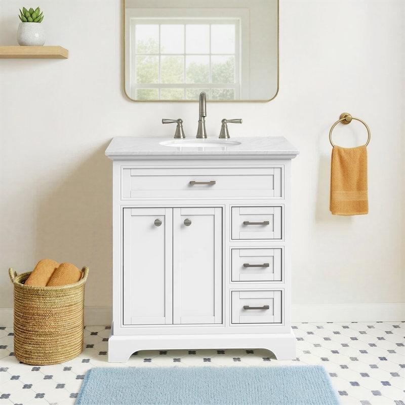 Carrara Beyazı Mermer Tezgahlı ve Çekmeceli Ayaklı Banyo Lavabo Dolabı - 82 cm - 200703
