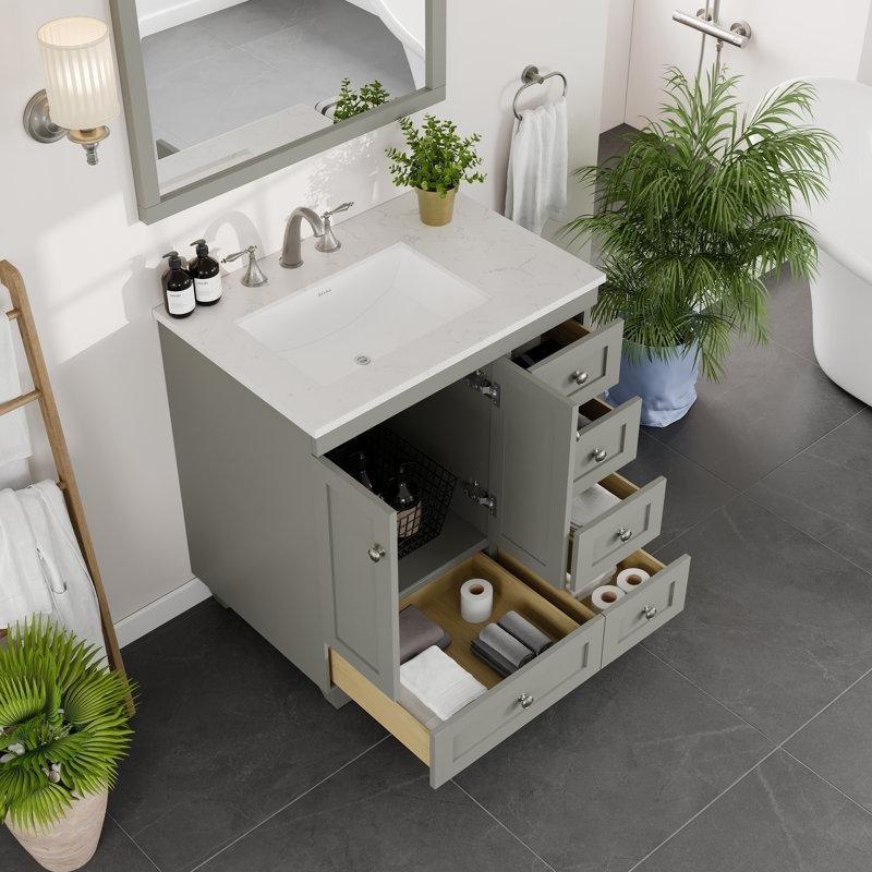 Carrara Kuvars Tezgahlı Beyaz Masif Ahşap Yavaş Kapanır Çekmeceli Banyo Lavabo Dolabı - 77 cm - 201021