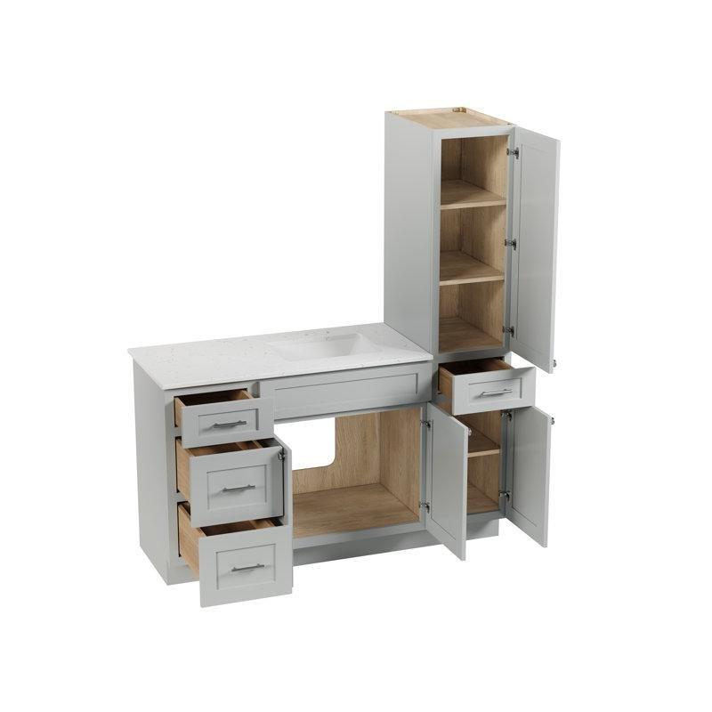 Carrara Kuvars Tezgahlı Gri Masif Ahşap Boy Dolaplı Banyo Lavabo Dolabı - 155 cm - 198511