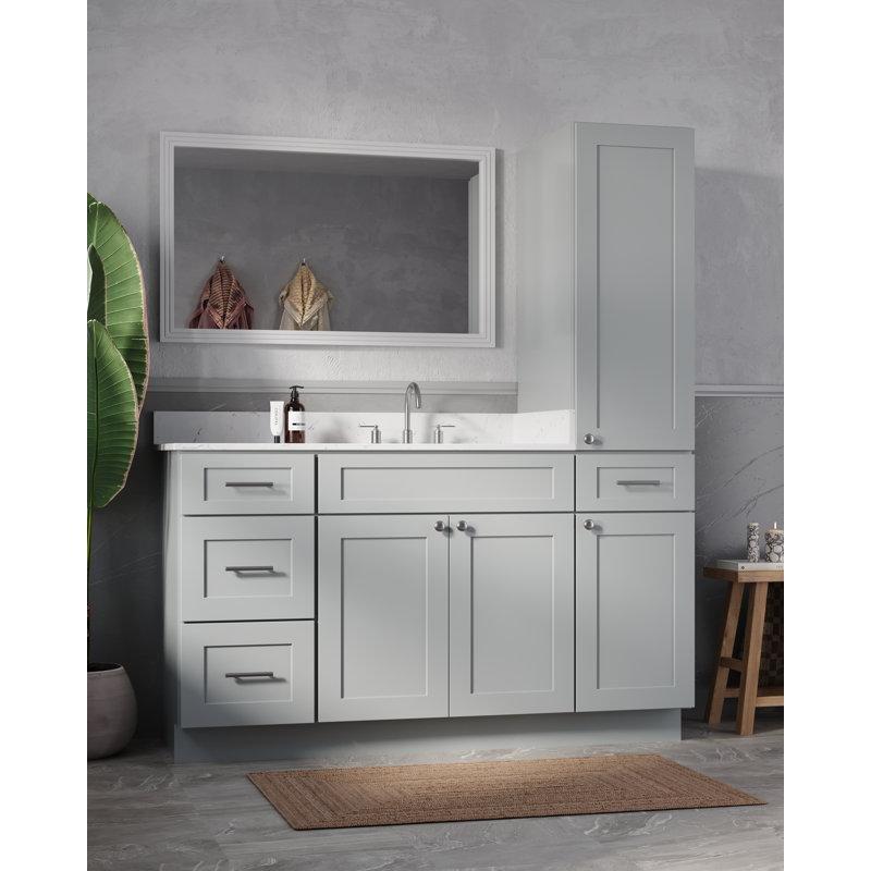 Carrara Kuvars Tezgahlı Gri Masif Ahşap Boy Dolaplı Banyo Lavabo Dolabı - 155 cm - 198511