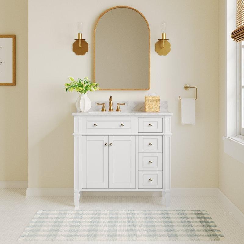 Carrara Mermer Tezgahlı Beyaz Masif Ahşap Çekmeceli Banyo Lavabo Dolabı - 92 cm - 198832