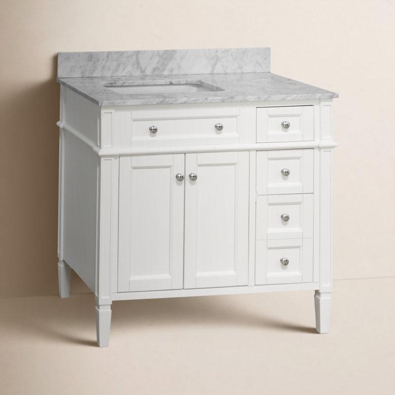 Carrara Mermer Tezgahlı Beyaz Masif Ahşap Çekmeceli Banyo Lavabo Dolabı - 92 cm - 198832