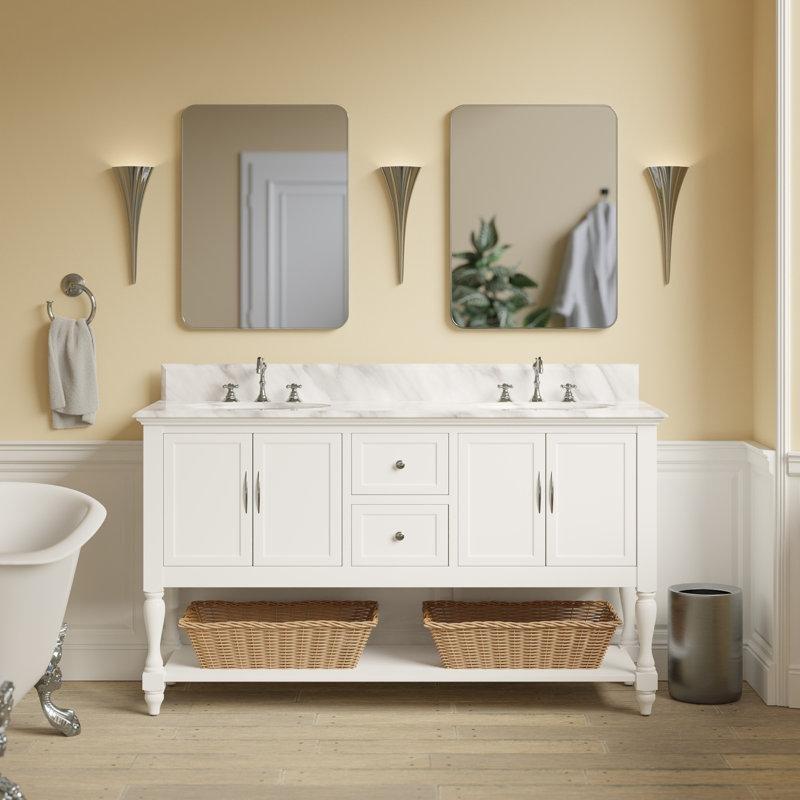 Carrara Mermer Tezgahlı Beyaz Masif Ahşap Çift Lavabolu Çekmeceli Banyo Dolabı - 153 cm - 199775