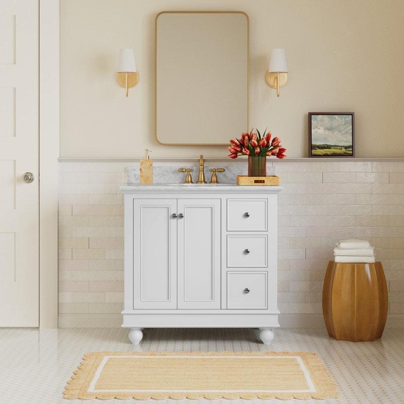 Carrara Mermer Tezgahlı Çekmeceli Ahşap Ayaklı Banyo Lavabo Dolabı - 92 cm - 201842