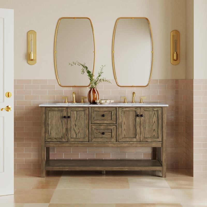 Carrara Mermer Tezgahlı Eskitme Ahşap Çift Lavabolu Ayaklı Banyo Lavabo Dolabı - 153 cm - 198959