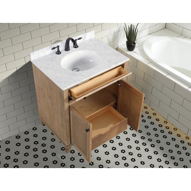 Carrara Mermer Tezgahlı Hasır Kapaklı Kahverengi Masif Köknar Ağacı Banyo Lavabo Dolabı - 77 cm - 198522