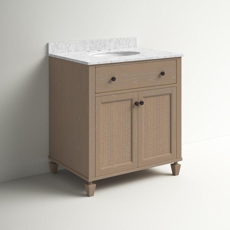 Carrara Mermer Tezgahlı Hasır Kapaklı Kahverengi Masif Köknar Ağacı Banyo Lavabo Dolabı - 77 cm - 198522