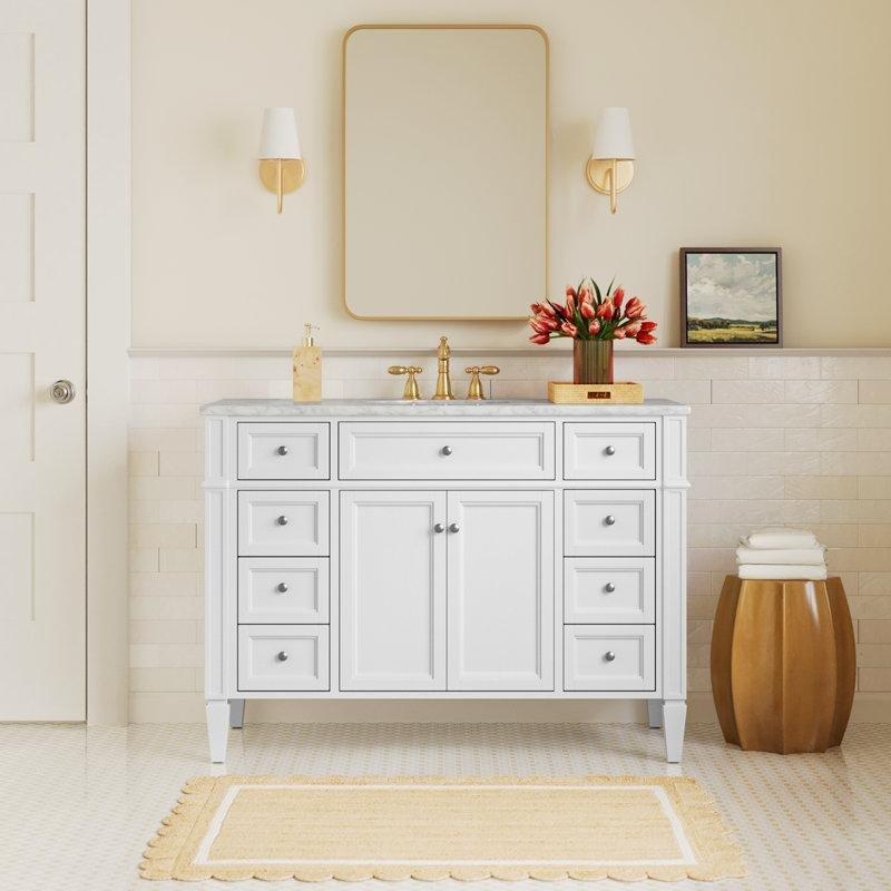 Carrara Mermer Tezgahlı Huş Ağacı Ayaklı Çekmeceli Banyo Lavabo Dolabı - 122 cm - 201119