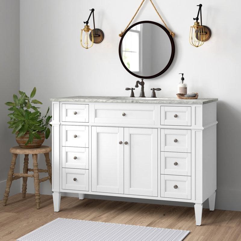 Carrara Mermer Tezgahlı Huş Ağacı Ayaklı Çekmeceli Banyo Lavabo Dolabı - 122 cm - 201119