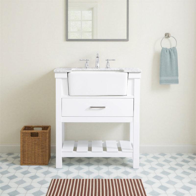 Carrara Mermer Tezgahlı Huş Ağacı Ayaklı ve Raflı Banyo Lavabo Dolabı - 77 cm - 198707