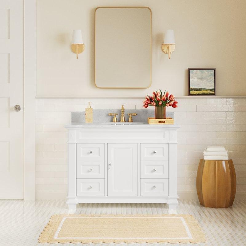 Carrara Mermer Tezgahlı Masif Ahşap Ayaklı 6 Çekmeceli Banyo Lavabo Dolabı - 107 cm - 201650