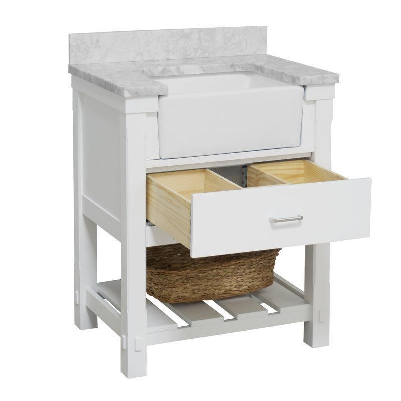 Carrara Mermer Tezgahlı Masif Ahşap Ayaklı Çekmeceli Banyo Lavabo Dolabı - 77 cm - 200370