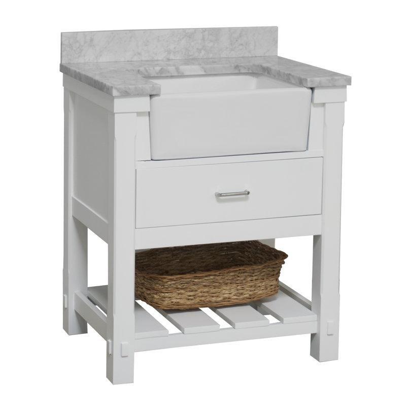 Carrara Mermer Tezgahlı Masif Ahşap Ayaklı Çekmeceli Banyo Lavabo Dolabı - 77 cm - 200370