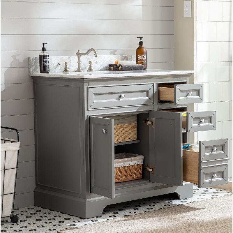 Carrara Mermer Tezgahlı Masif Ahşap Çekmeceli Ayaklı Banyo Lavabo Dolabı - 94 cm - 201003