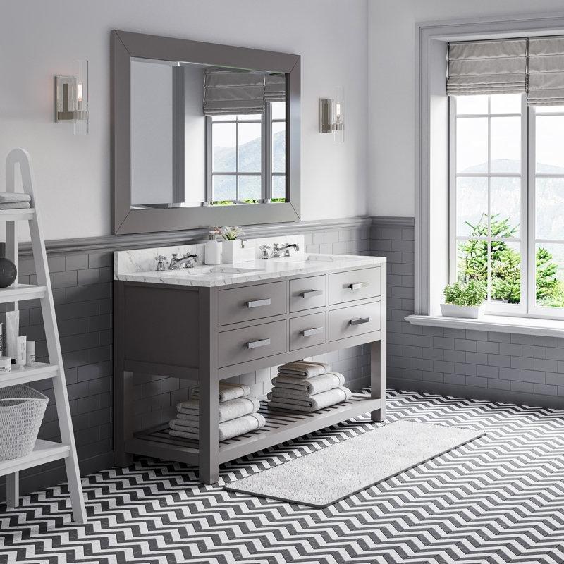 Carrara Mermer Tezgahlı Masif Ahşap Çift Lavabolu Ayaklı Banyo Dolabı - 153 cm - 199372