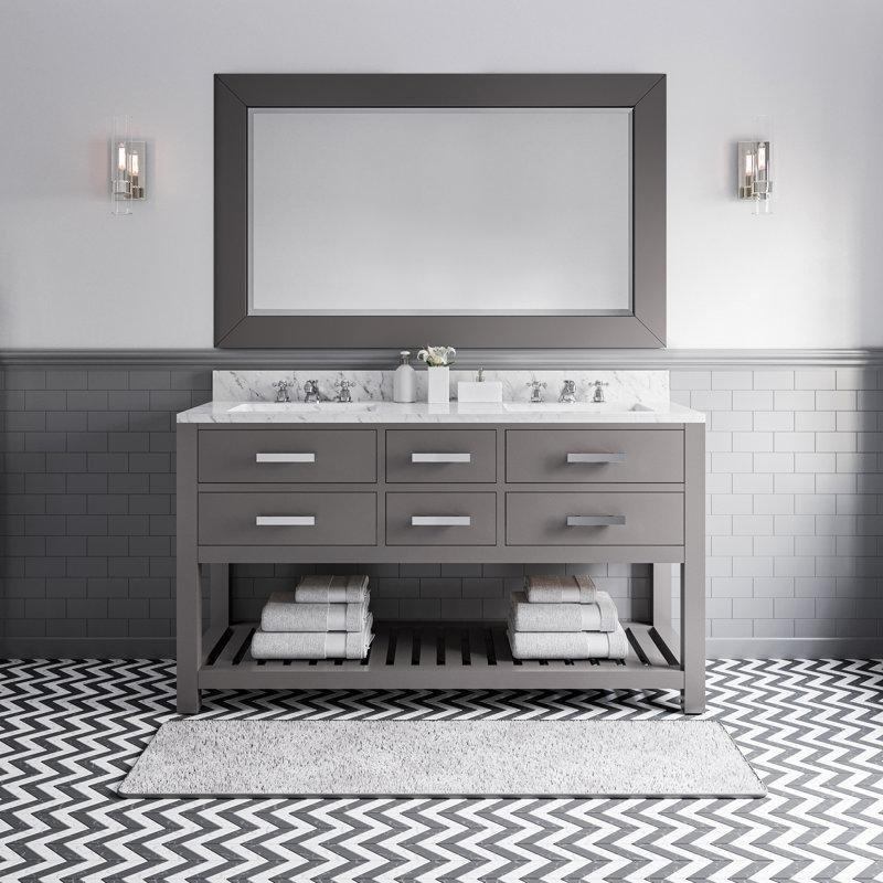 Carrara Mermer Tezgahlı Masif Ahşap Çift Lavabolu Ayaklı Banyo Dolabı - 153 cm - 199372