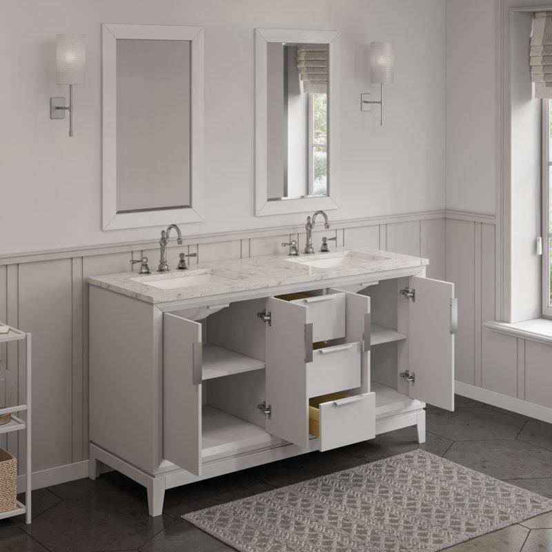 Carrara Mermer Tezgahlı Masif Ahşap Çift Lavabolu Ayaklı Banyo Dolabı - 153 cm - 199442