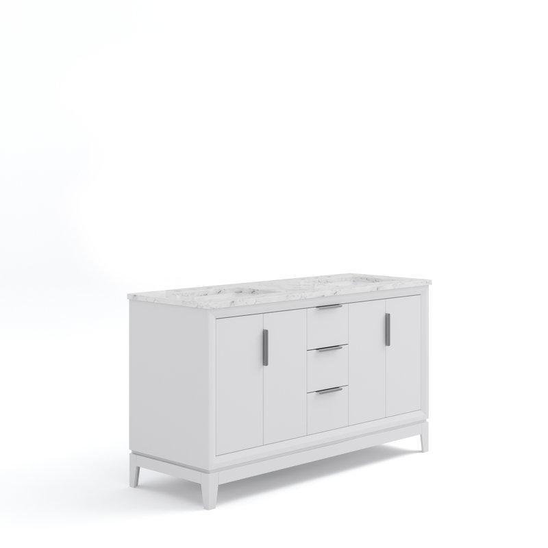 Carrara Mermer Tezgahlı Masif Ahşap Çift Lavabolu Ayaklı Banyo Dolabı - 153 cm - 199442
