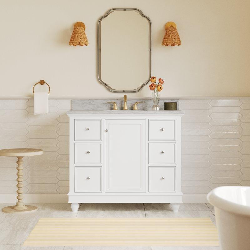 Carrara Mermer Tezgahlı Masif Çam Ahşap 6 Çekmeceli Ayaklı Banyo Lavabo Dolabı - 107 cm - 198117