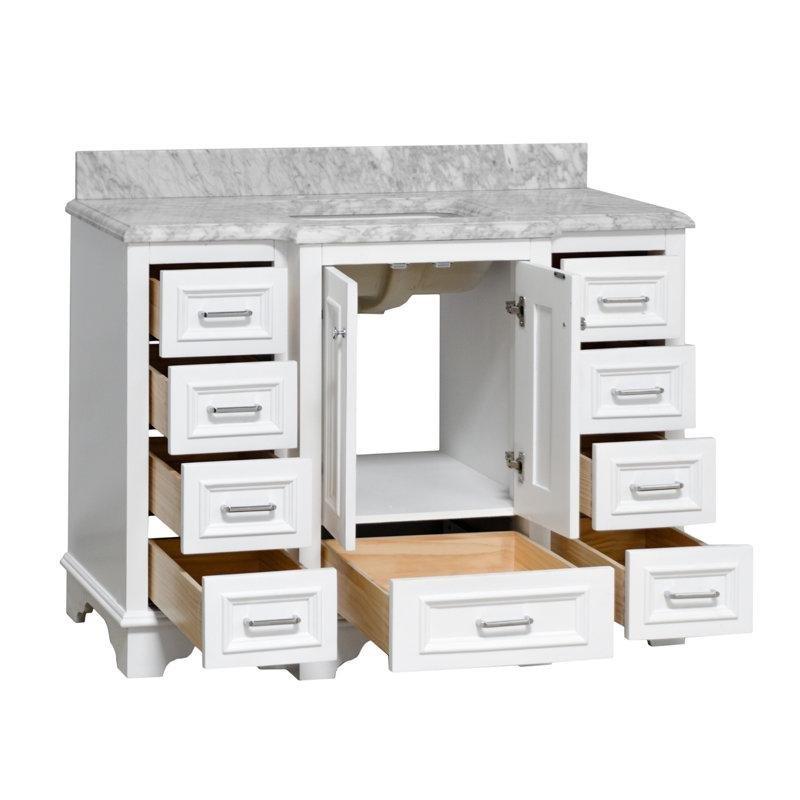 Carrara Mermer Tezgahlı Masif Çam Ahşap Yavaş Kapanır 9 Çekmeceli Banyo Lavabo Dolabı - 122 cm - 200194
