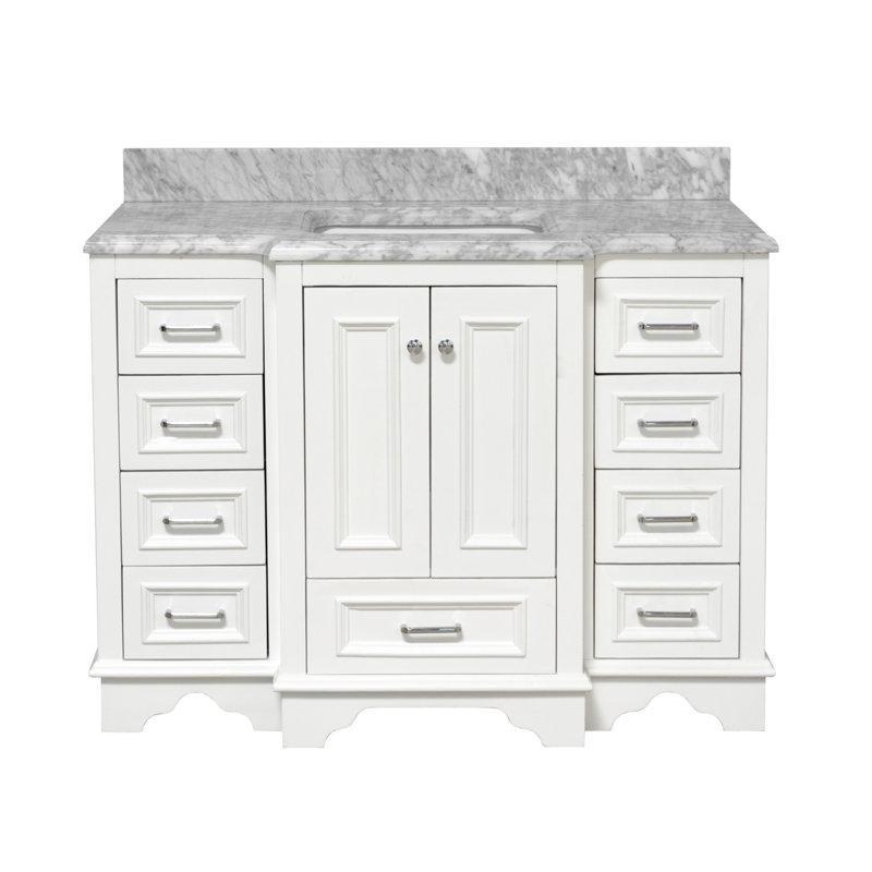 Carrara Mermer Tezgahlı Masif Çam Ahşap Yavaş Kapanır 9 Çekmeceli Banyo Lavabo Dolabı - 122 cm - 200194