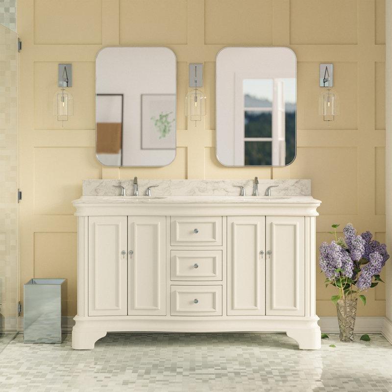 Carrara Mermer Tezgahlı Masif Çam Çift Lavabolu Banyo Dolabı - 153 cm - 200543