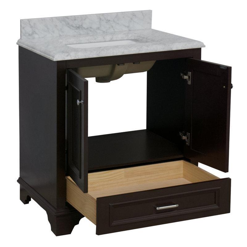 Carrara Mermer Tezgahlı Masif Huş Ağacı Çekmeceli Ayaklı Banyo Lavabo Dolabı - 77 cm - 198892
