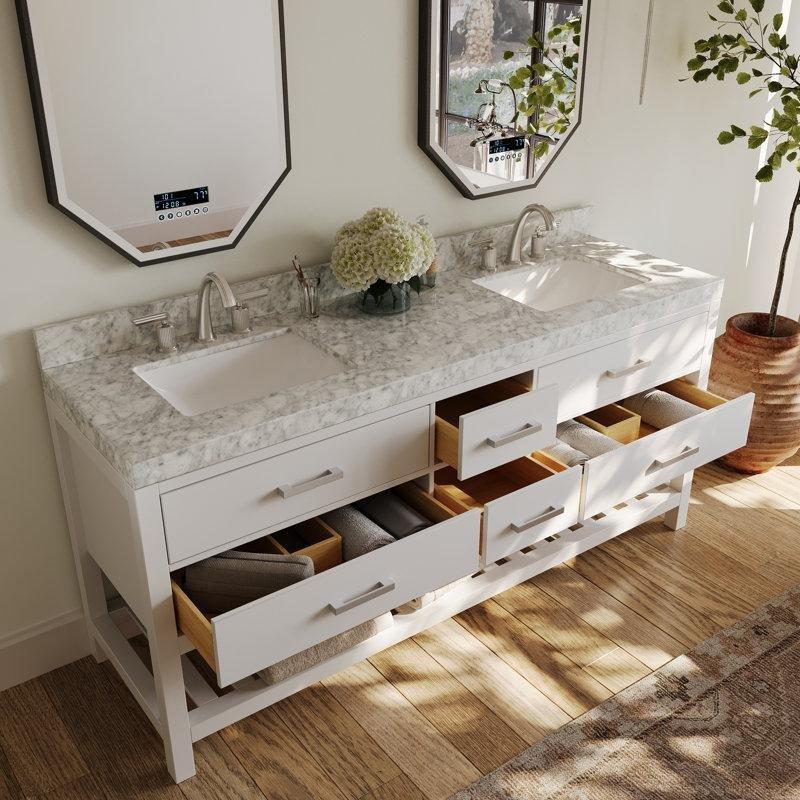 Carrara Mermer Tezgahlı Masif Huş Ağacı İkili Çekmeceli Ayaklı Banyo Lavabo Dolabı - 183 cm - 201804