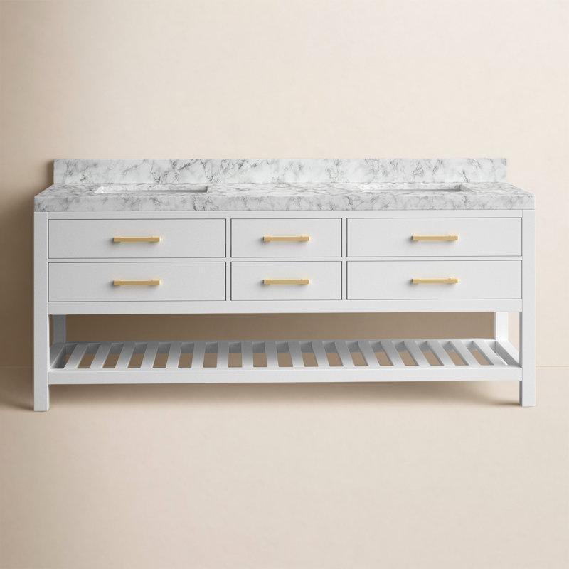 Carrara Mermer Tezgahlı Masif Huş Ağacı İkili Çekmeceli Ayaklı Banyo Lavabo Dolabı - 183 cm - 201804