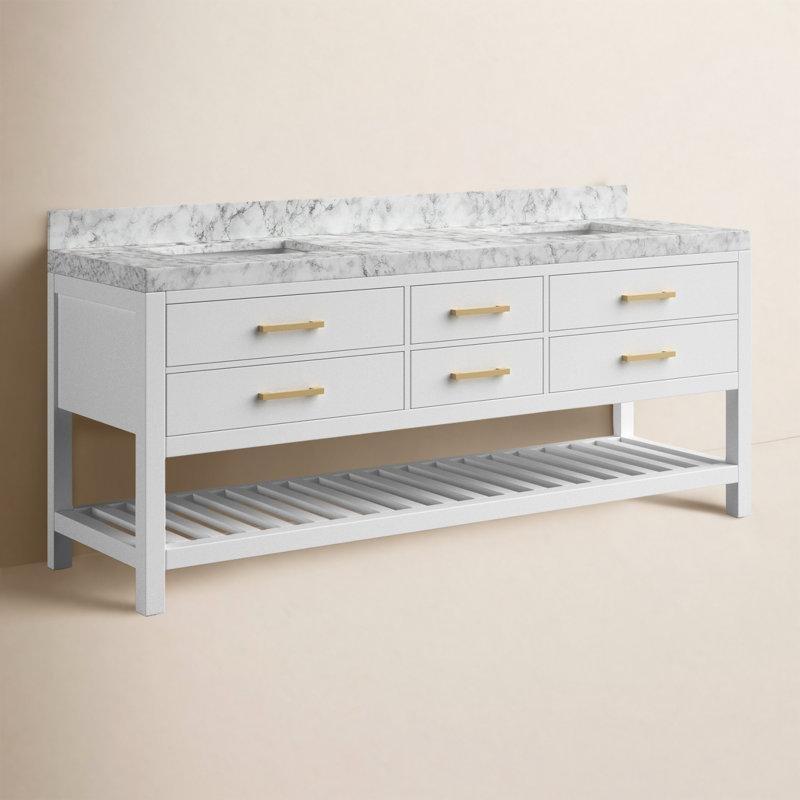 Carrara Mermer Tezgahlı Masif Huş Ağacı İkili Çekmeceli Ayaklı Banyo Lavabo Dolabı - 183 cm - 201804