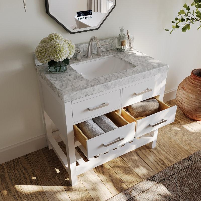Carrara Mermer Tezgahlı Masif Huş Ağacı Yavaş Kapanan Çekmeceli Banyo Lavabo Dolabı - 91 cm - 201618