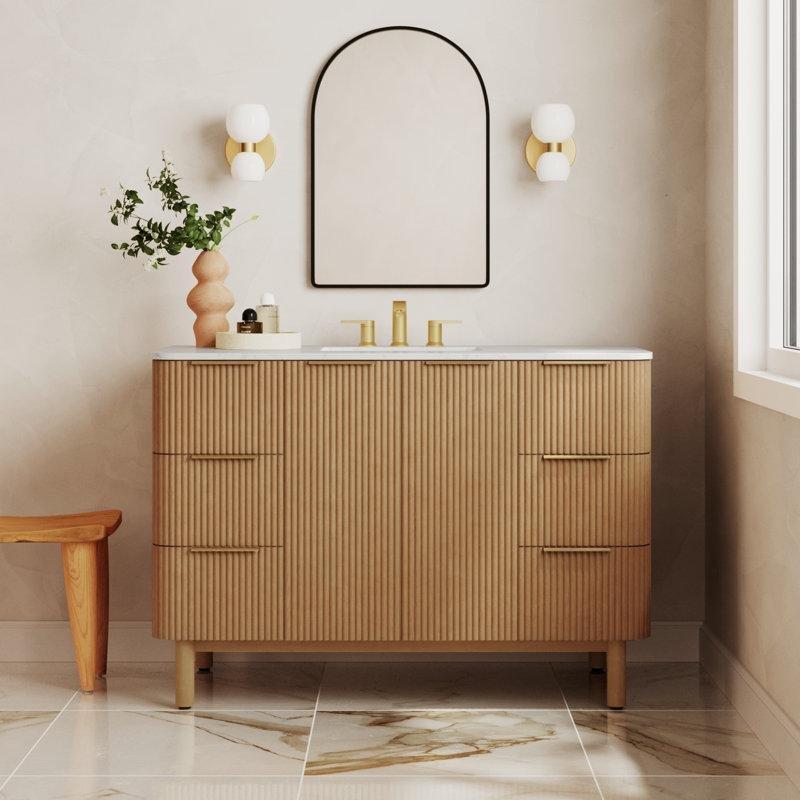 Carrara Mermer Tezgahlı Masif Huş Ağacı Yavaş Kapanır Gold Kulplu Banyo Lavabo Dolabı - 124 cm - 199137