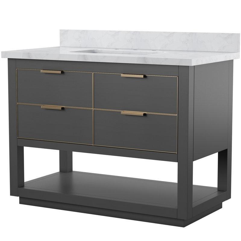 Carrara Mermer Tezgahlı Masif Kavak Ağacı Çekmeceli Ayaklı Banyo Lavabo Dolabı - 109 cm - 198984