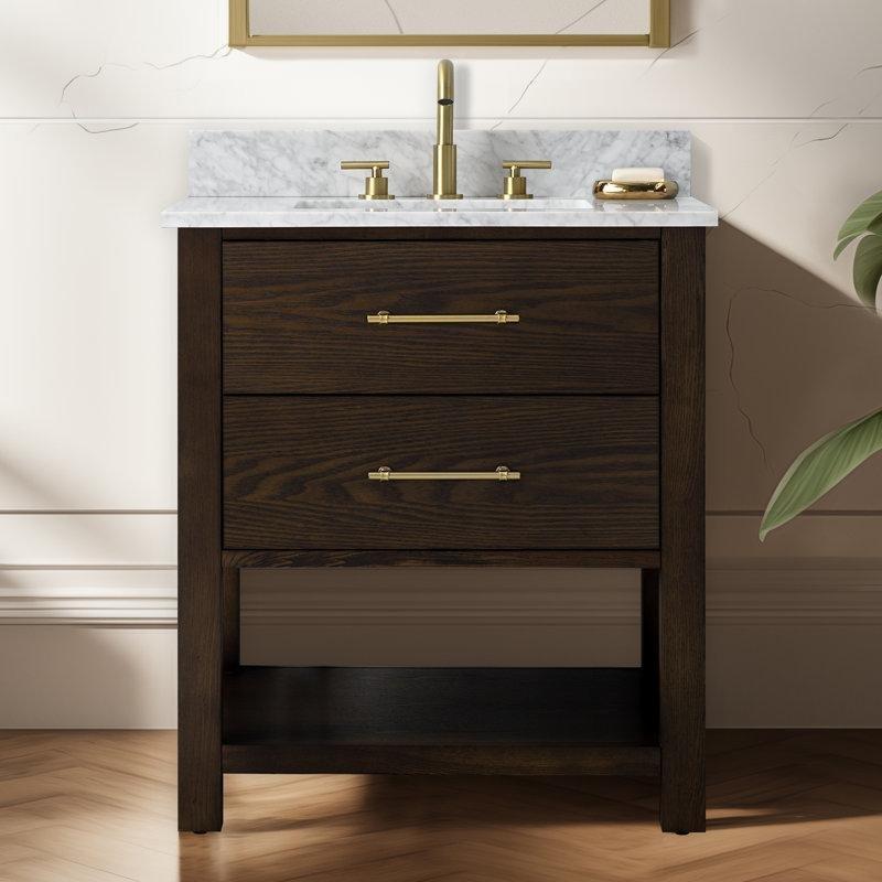 Carrara Mermer Tezgahlı Masif Meşe Yavaş Kapanır Çekmeceli Banyo Lavabo Dolabı - 77 cm - 199884