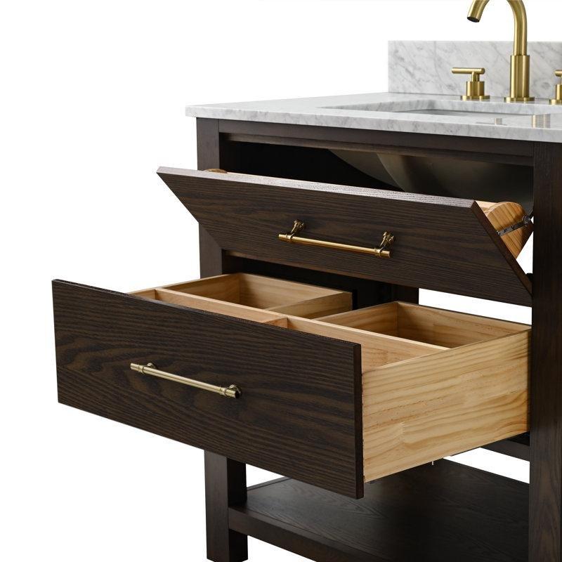 Carrara Mermer Tezgahlı Masif Meşe Yavaş Kapanır Çekmeceli Banyo Lavabo Dolabı - 77 cm - 199884