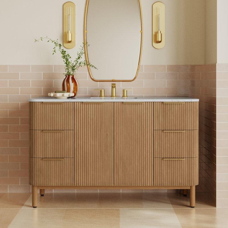 Carrara Mermer Tezgahlı ve Gold Kulplu Yivli Huş Ağacı Çekmeceli Banyo Lavabo Dolabı - 139 cm - 199332