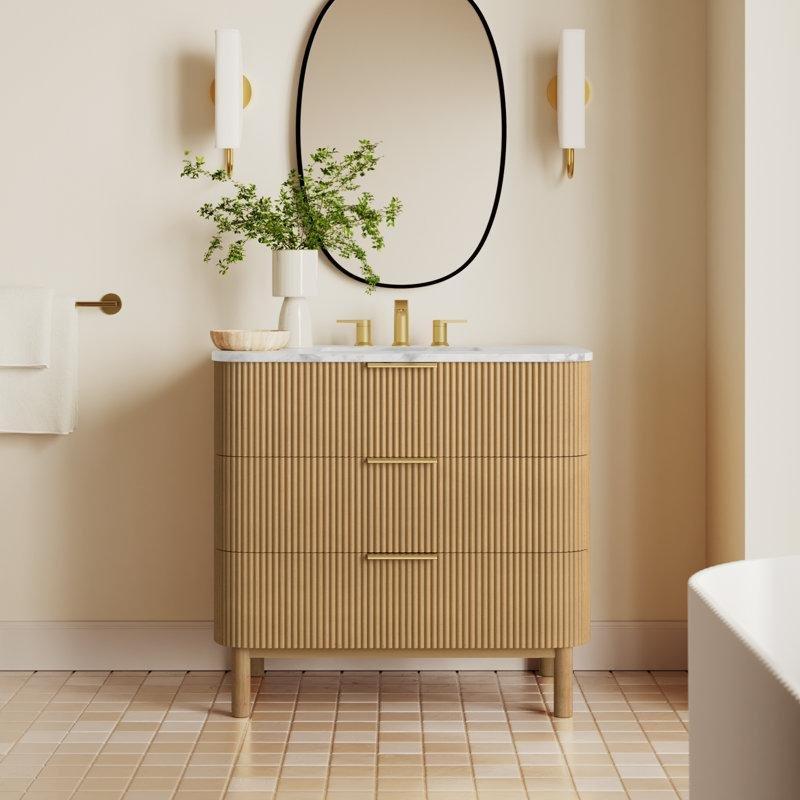 Carrara Mermer Tezgahlı Yivli Huş Ağacı 3 Çekmeceli Banyo Lavabo Dolabı - 92 cm - 198644