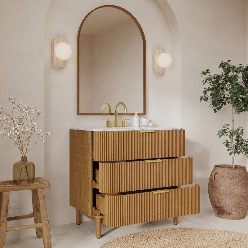Carrara Mermer Tezgahlı Yivli Huş Ağacı 3 Çekmeceli Banyo Lavabo Dolabı - 92 cm - 198644