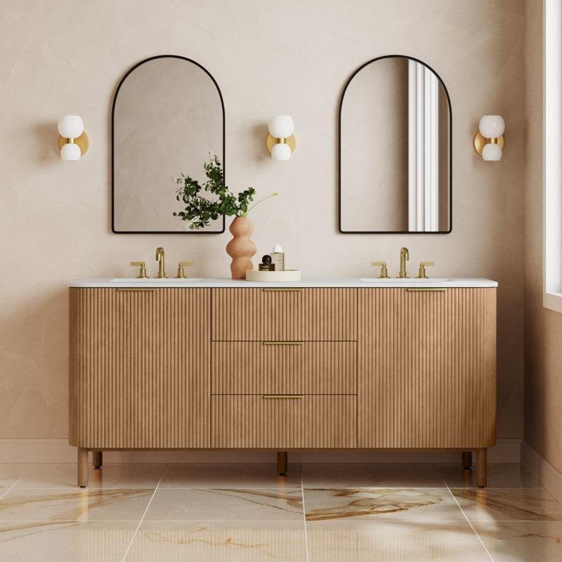 Carrara Mermer Tezgahlı Yivli Masif Ahşap Çift Lavabolu Gold Kulplu Banyo Dolabı - 184 cm - 198824