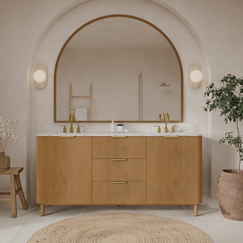 Carrara Mermer Tezgahlı Yivli Masif Ahşap Çift Lavabolu Gold Kulplu Banyo Dolabı - 184 cm - 198824