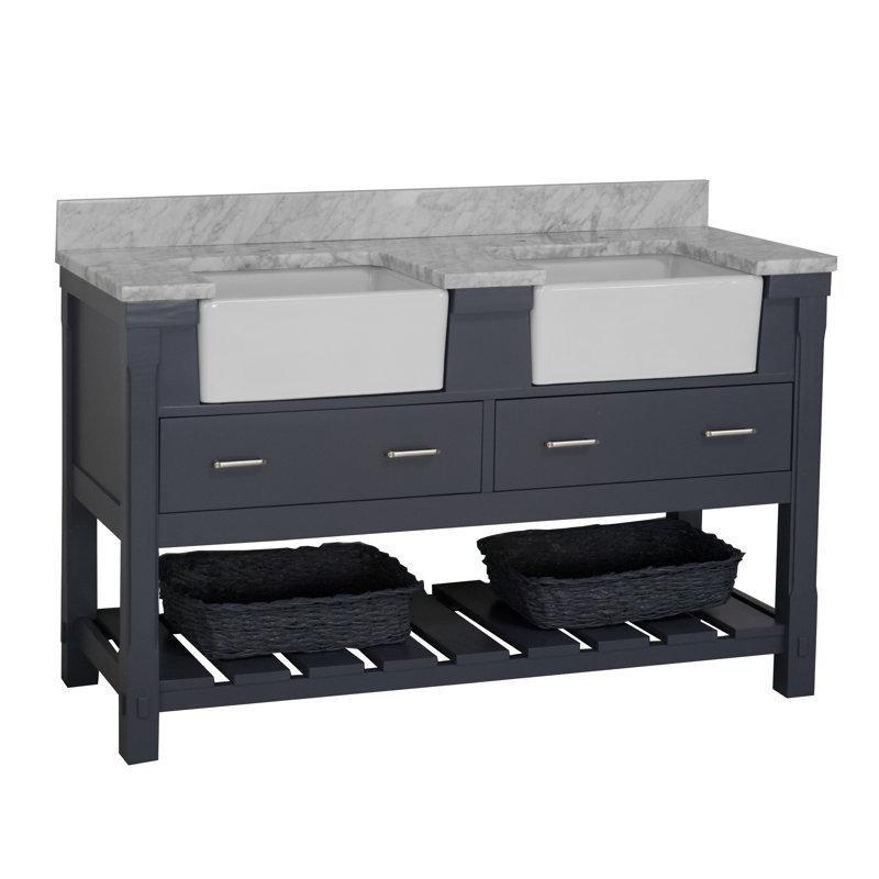 Carrara Tezgahlı Masif Çam Ahşap Çift Lavabolu Banyo Lavabo Dolabı - 153 cm - 199771