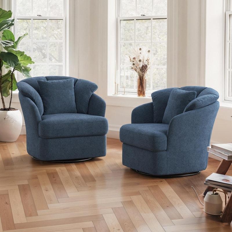 Çelik Mavisi Şönil Kumaş Metal Tabanlı Döner Fıçı Tasarım 2li Tekli Koltuk Seti - 203186