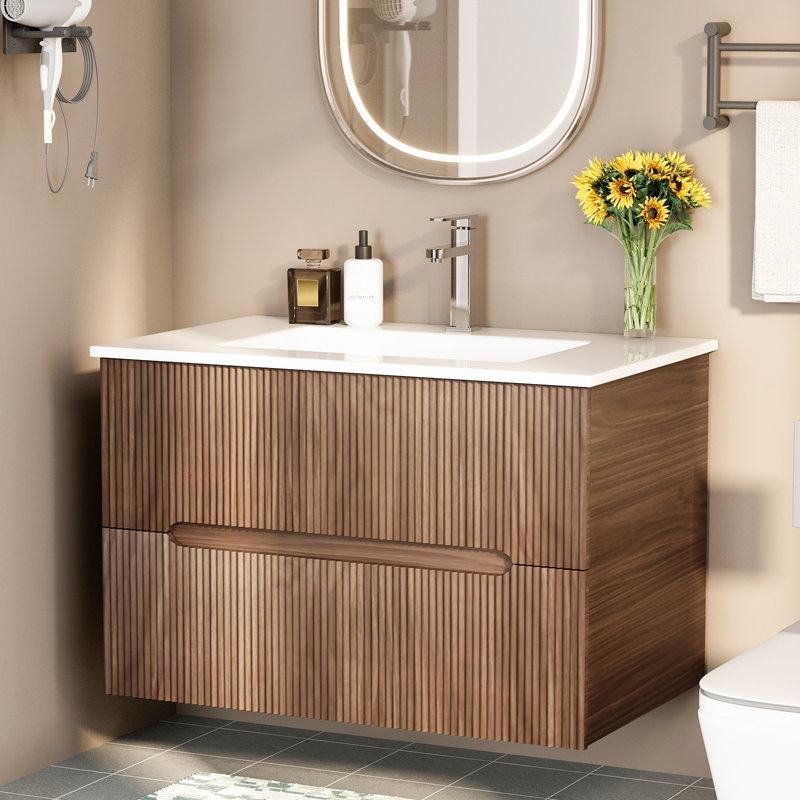 Ceviz Ahşap Duvara Monte Yavaş Kapanır Çekmeceli Banyo Lavabo Dolabı - 75 cm - 197676