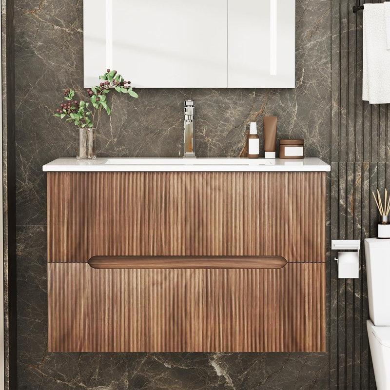 Ceviz Ahşap Duvara Monte Yavaş Kapanır Çekmeceli Banyo Lavabo Dolabı - 75 cm - 197676