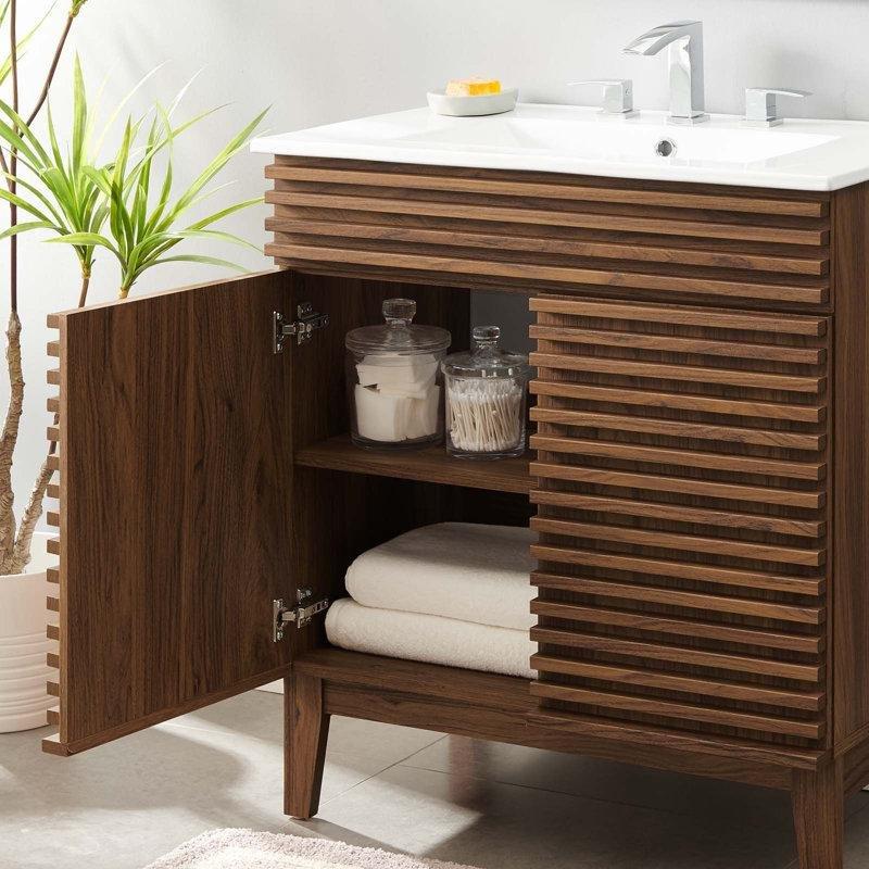 Ceviz Ahşap Seramik Lavabolu Ayaklı Banyo Lavabo Dolabı - 77 cm - 200385