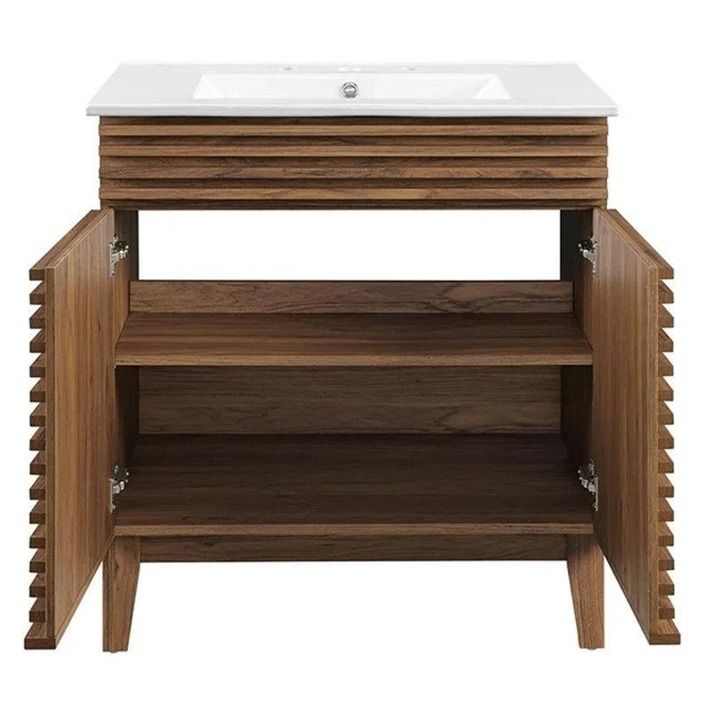 Ceviz Ahşap Seramik Lavabolu Ayaklı Banyo Lavabo Dolabı - 77 cm - 200385