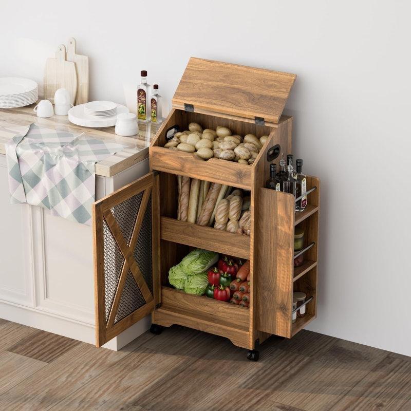 Ceviz Ahşap Tekerlekli Raflı Dolaplı Sebzelik - 95x49x23 cm - 177868