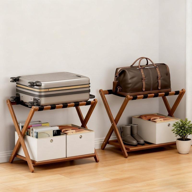 Ceviz Bambu Katlanabilir Raflı Valiz Sehpası - 68x43x58 cm - 187391